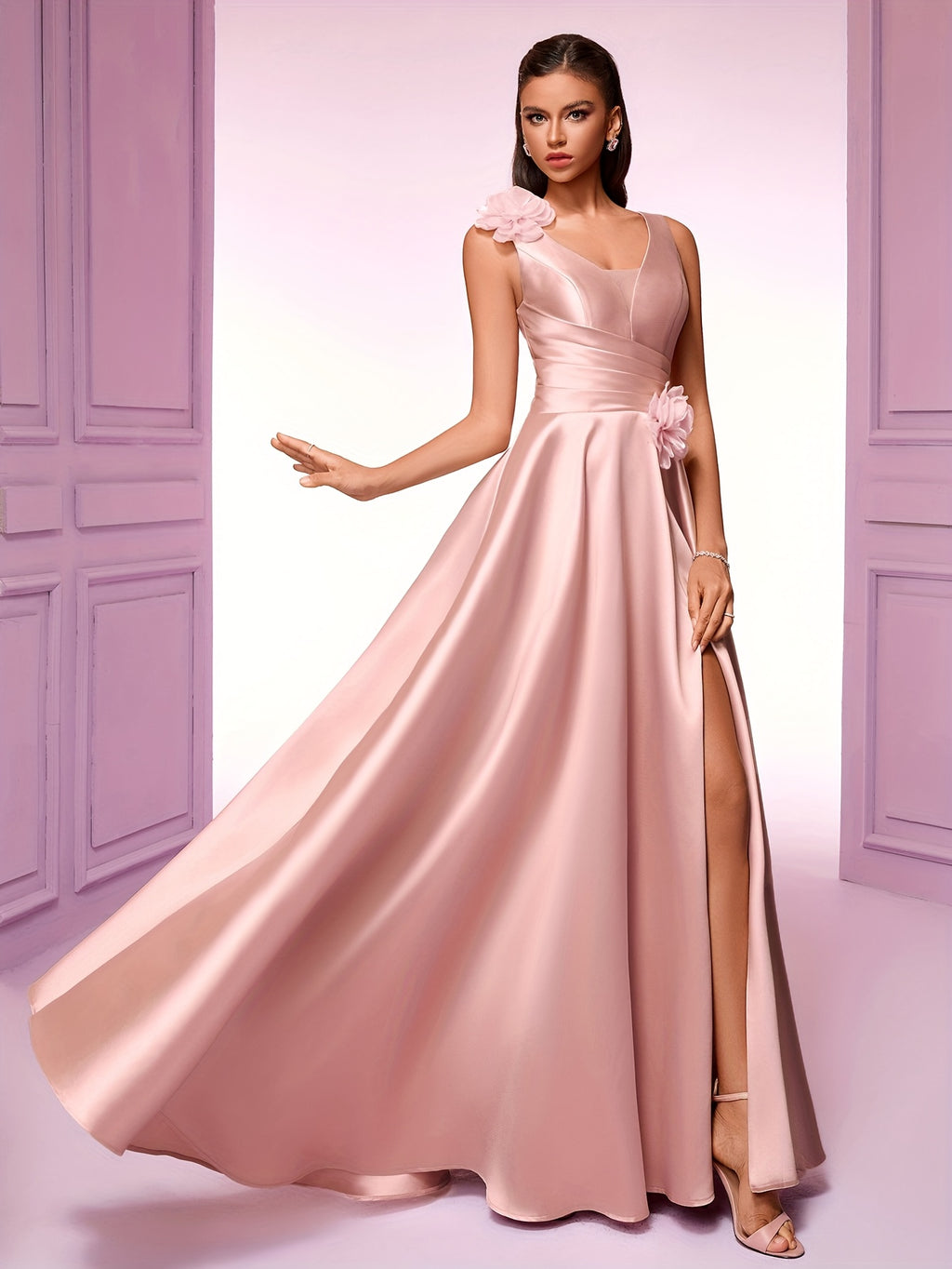 Elegant Women'S Sleeveless V-Neck Gown with Floral Waist Detail - High Waist, Flowing Silhouette, Perfect for Parties, Galas, and Formal Events, High Waist Gown