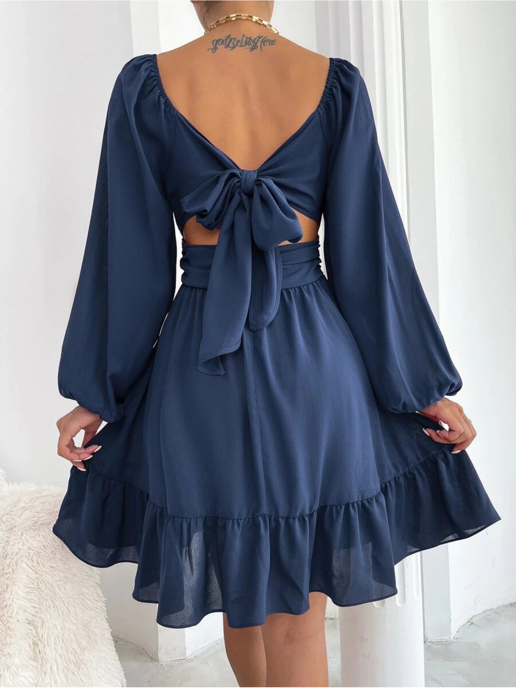 Women'S Elegant Navy Knot Back Lantern Sleeve Ruffle Hem Milkmaid Dress - Square Neck Short Formal Party Wedding Guest Dress with Puff Sleeve Ruffles, All-Season Versatile Party & Semi-Formal Attire, Comfortable & Flattering Fit, Easy Care Fabric