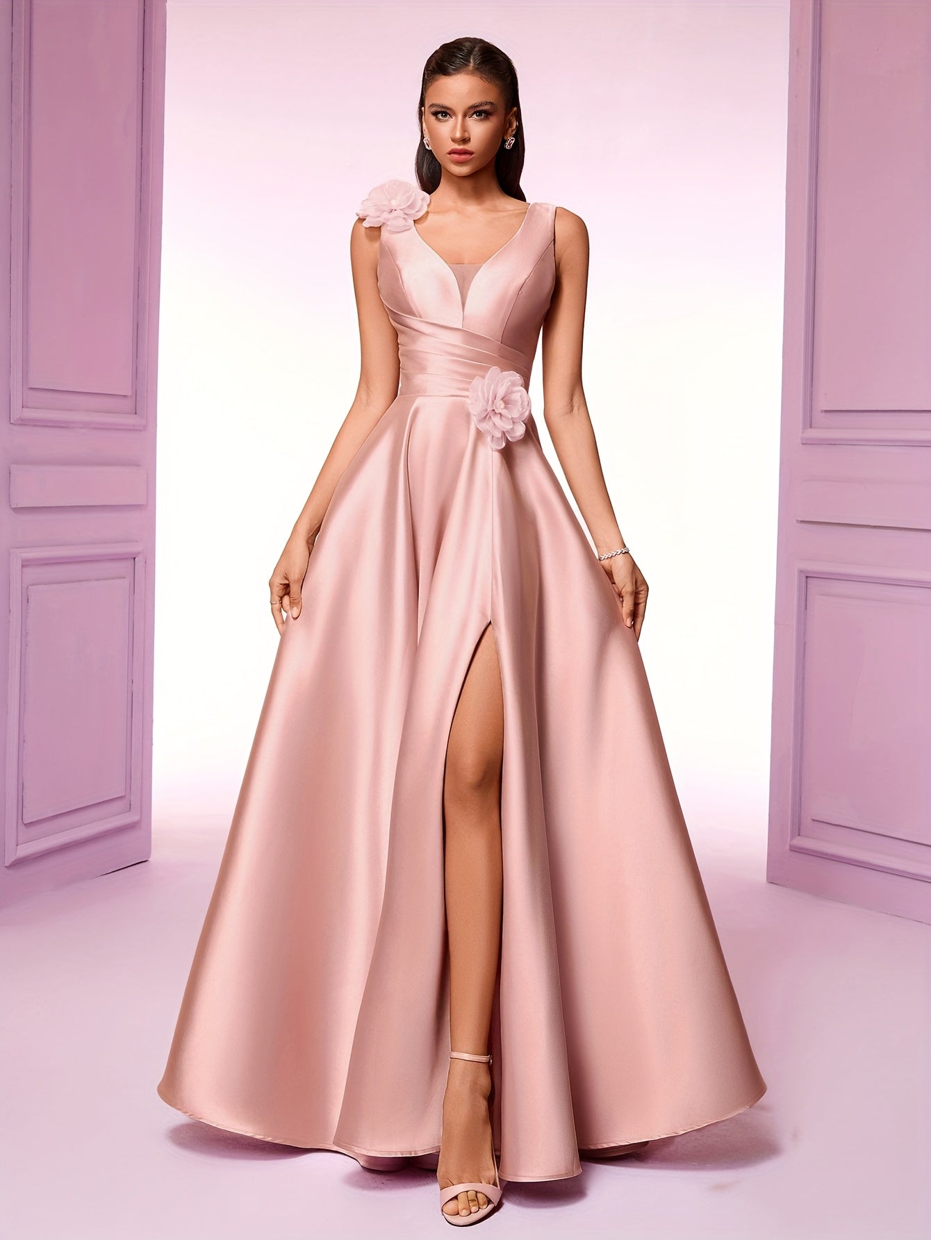 Elegant Women'S Sleeveless V-Neck Gown with Floral Waist Detail - High Waist, Flowing Silhouette, Perfect for Parties, Galas, and Formal Events, High Waist Gown