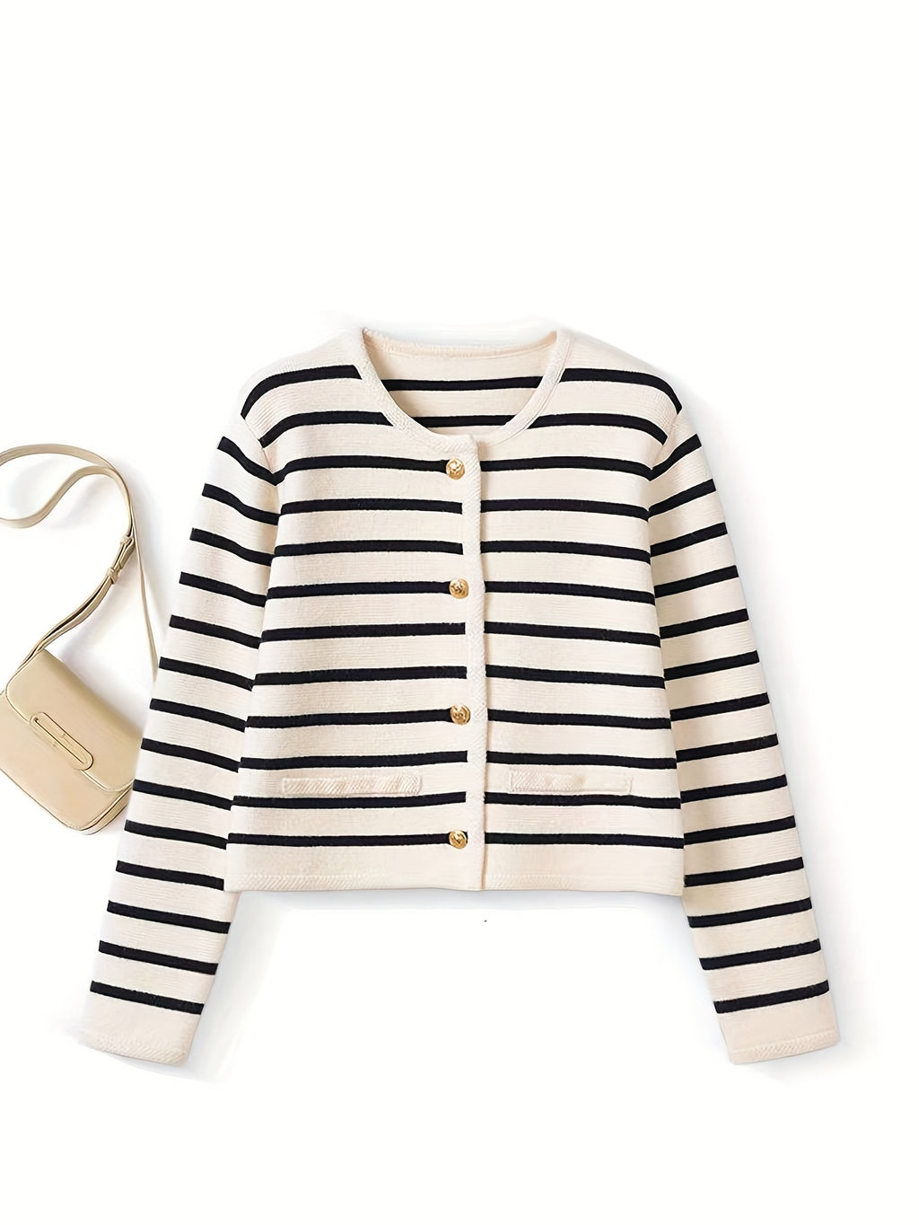 Elegant Women'S Long Sleeve Cardigan - Chic Striped Design with Button Details, Soft Fabric, Round Neck, Perfect for Fall & Winter Commute or Casual Style