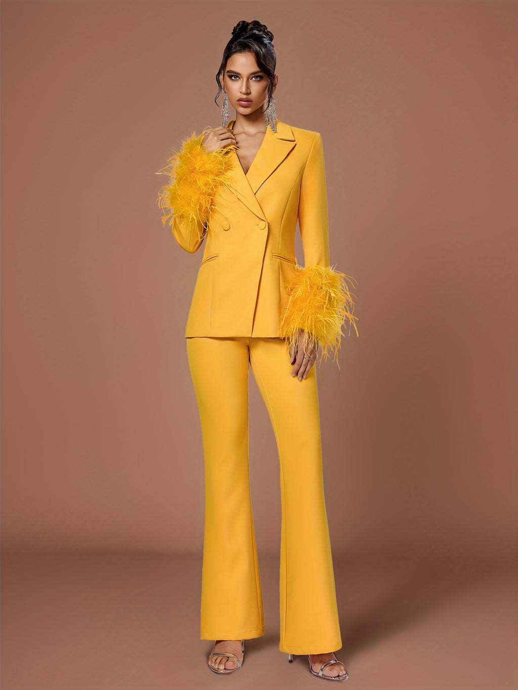 Prosperity Lady Elegant Solid Color Long Sleeve Fuzzy Casual Suit New Single-Buckle Daily Wear Suit