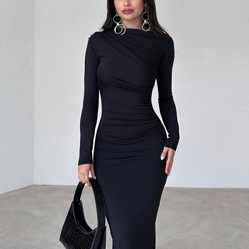 Elegant Long-Sleeve Black Fitted Dress with Ruched Detail and Slit - Stylish Pencil Skirt for Women, All-Season Wear, Elegant Attire|Ruched Detail Dress|Sleek Fit