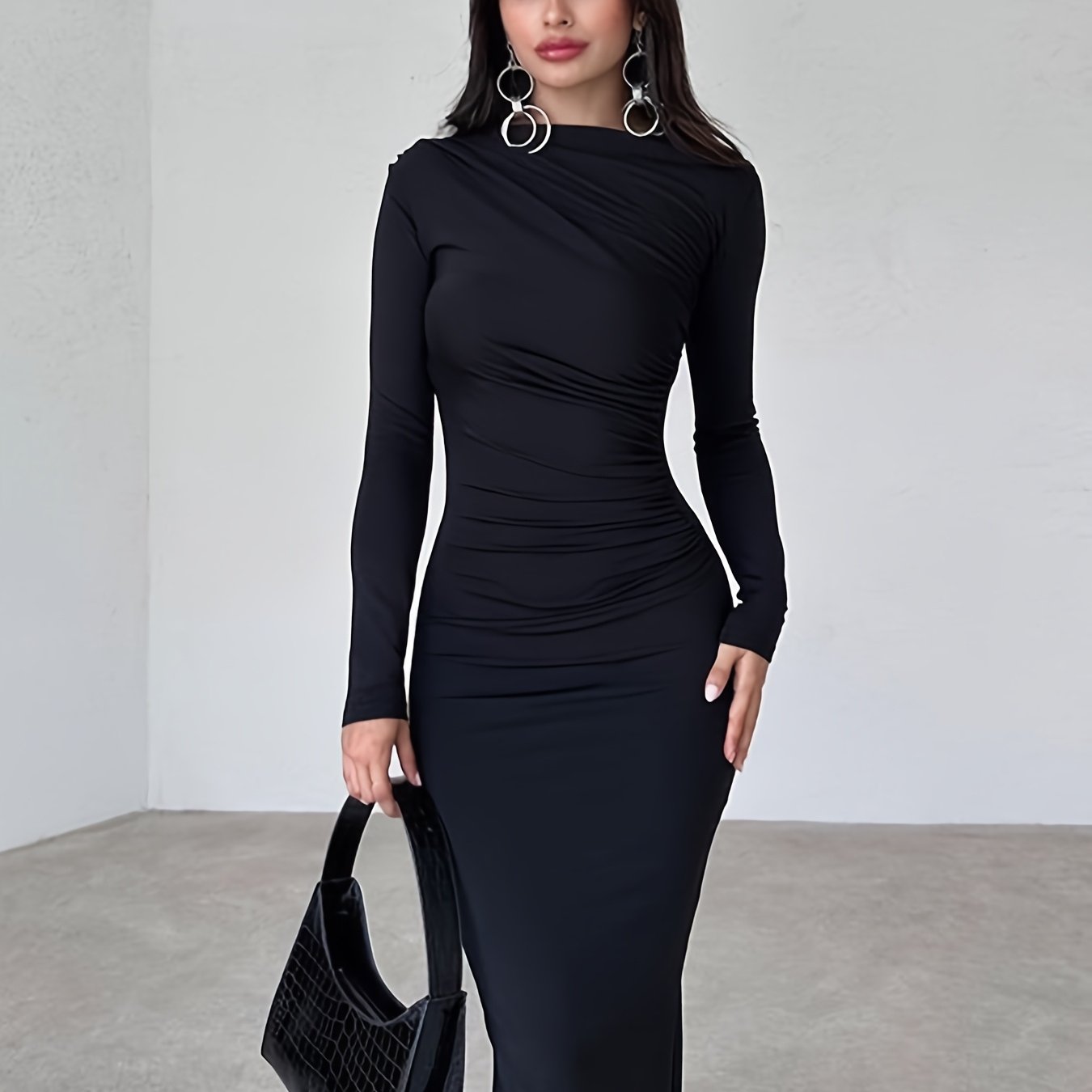Elegant Long-Sleeve Black Fitted Dress with Ruched Detail and Slit - Stylish Pencil Skirt for Women, All-Season Wear, Elegant Attire|Ruched Detail Dress|Sleek Fit