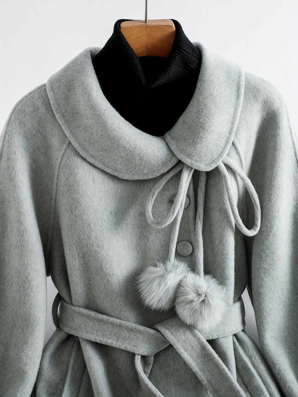 Gentle and Cute Light Green Tweed Luxury Wool Peter Pan Collar Tie Long Coat Women's Autumn Winter Outerwear Casual