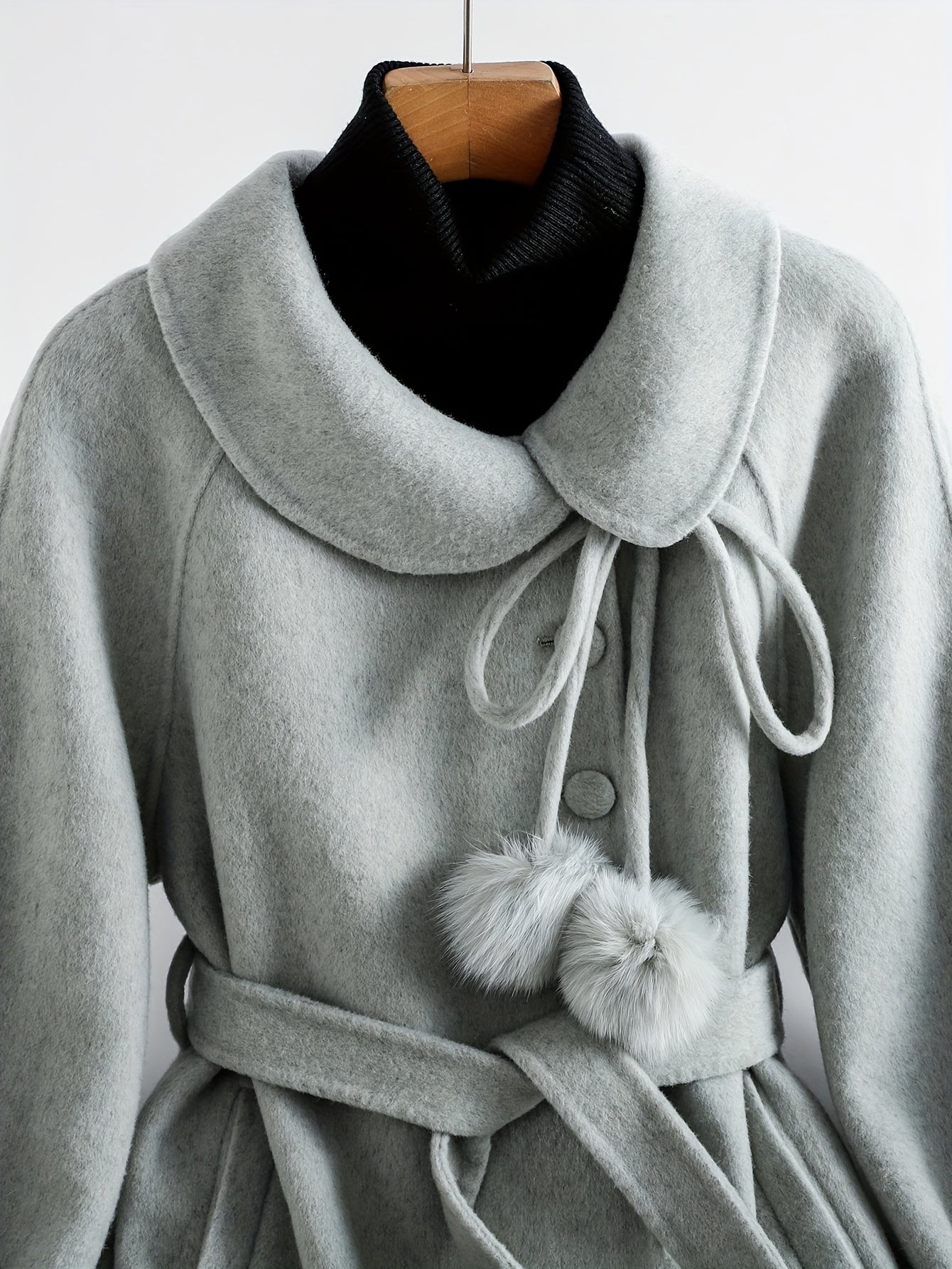 Gentle and Cute Light Green Tweed Luxury Wool Peter Pan Collar Tie Long Coat Women's Autumn Winter Outerwear Casual