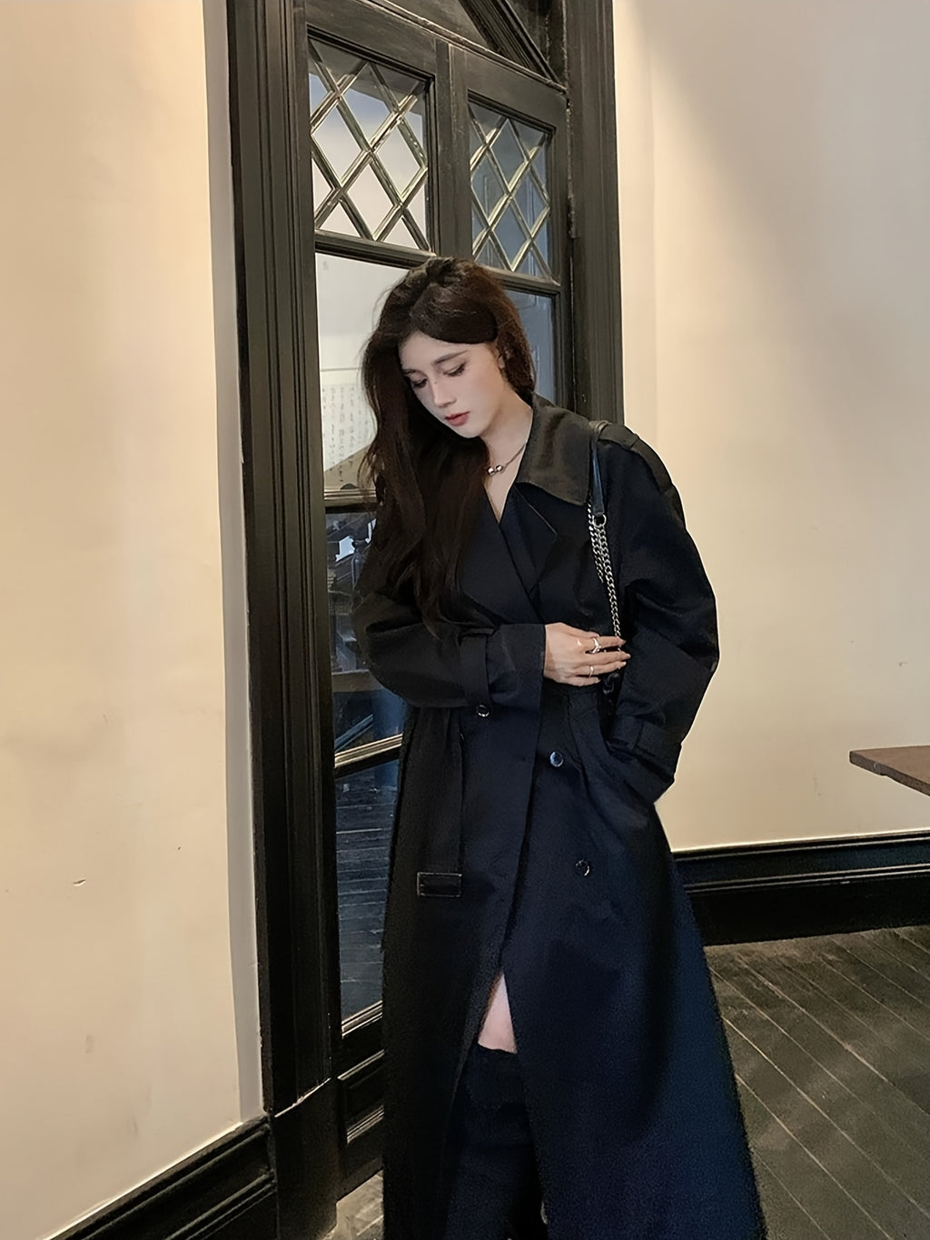 Women'S Elegant Black Lace-Up Fitted Long Coat Jacket - Chic Button-Front Closure, Non-Stretch Fabric, Loose Fit, Perfect for Fall\u002FWinter, Office, Party