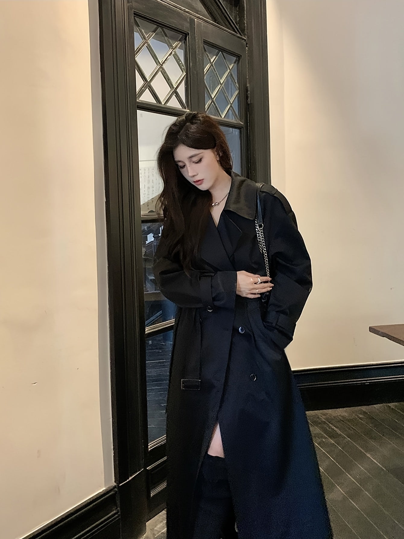 Women'S Elegant Black Lace-Up Fitted Long Coat Jacket - Chic Button-Front Closure, Non-Stretch Fabric, Loose Fit, Perfect for Fall\u002FWinter, Office, Party