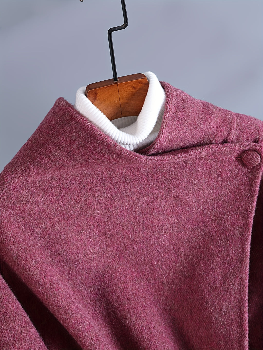 Fashionable Eye-Catching Rose Pink Luxury Wool Wrap Coat with Large Asymmetrical Collar and Tie for Women, Long Autumn\u002FWinter Outerwear for Daily Commute