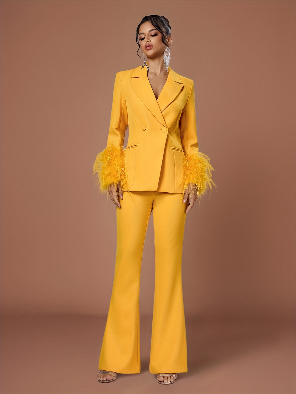 Prosperity Lady Elegant Solid Color Long Sleeve Fuzzy Casual Suit New Single-Buckle Daily Wear Suit
