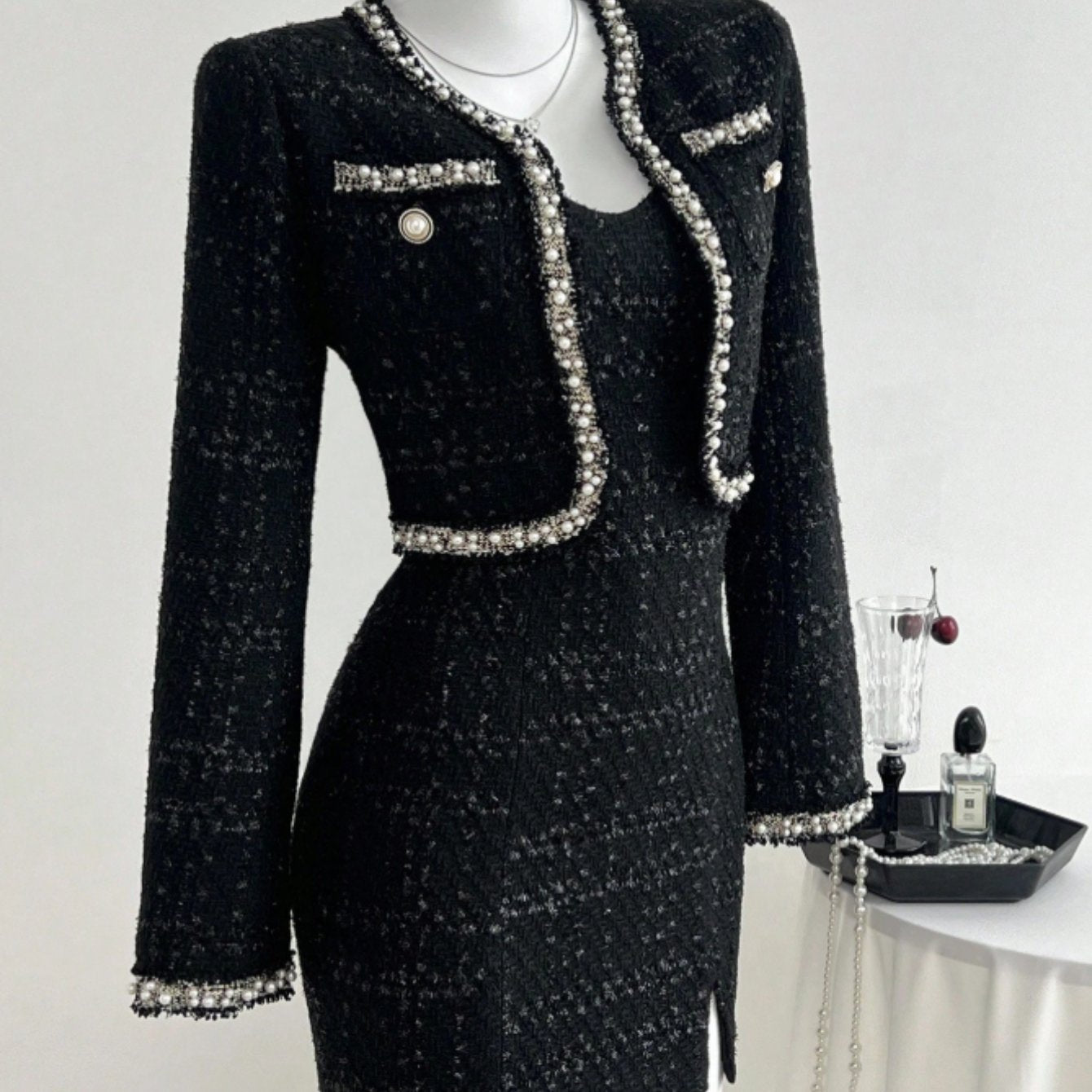 2pcs Women'S Vintage Glamorous Short Jacket & Camisole Bodycon Dress Set - Elegant V-Neck All-Over Print Outfit with Structured Waist, Fall\u002FWinter Party & Social Occasion Ensemble, Chic Two-Piece Suit for Evening Events, Durable & Comfortable Fabric