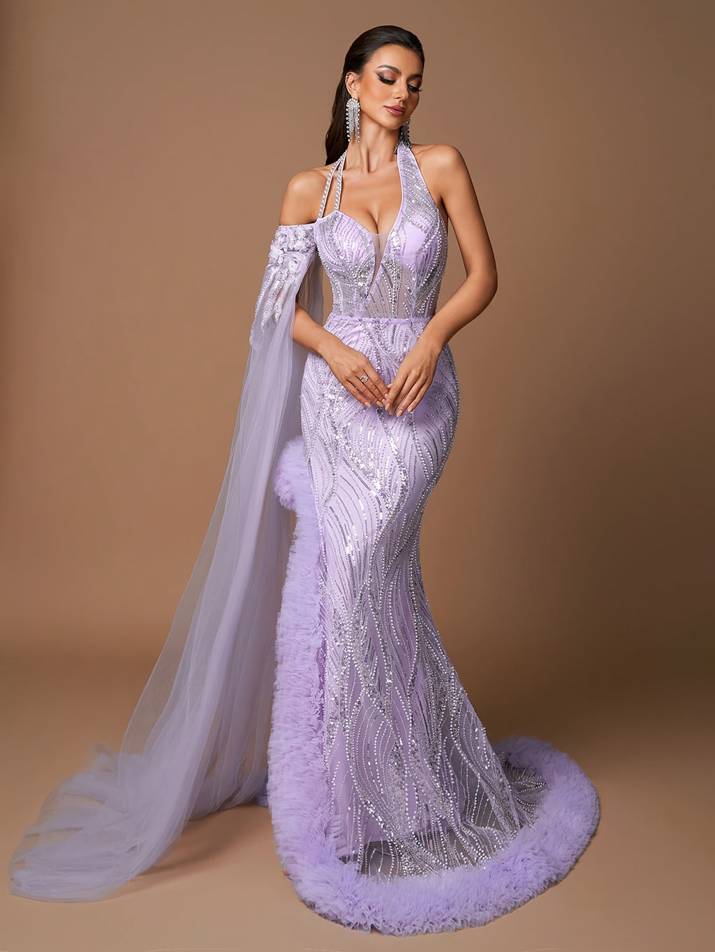 Elegant Lavender Halter Neck Evening Gown for Women | Deep V-Neck with Sequin Detail | Ruffled Lace-Up Bodice & High-Low Hem | Sheer Mesh Sleeves | Perfect for Formal Events