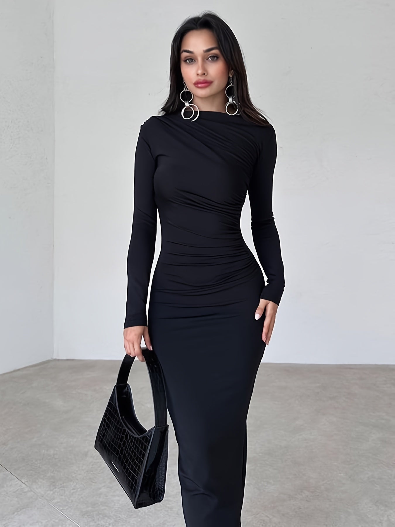 Elegant Long-Sleeve Black Fitted Dress with Ruched Detail and Slit - Stylish Pencil Skirt for Women, All-Season Wear, Elegant Attire|Ruched Detail Dress|Sleek Fit