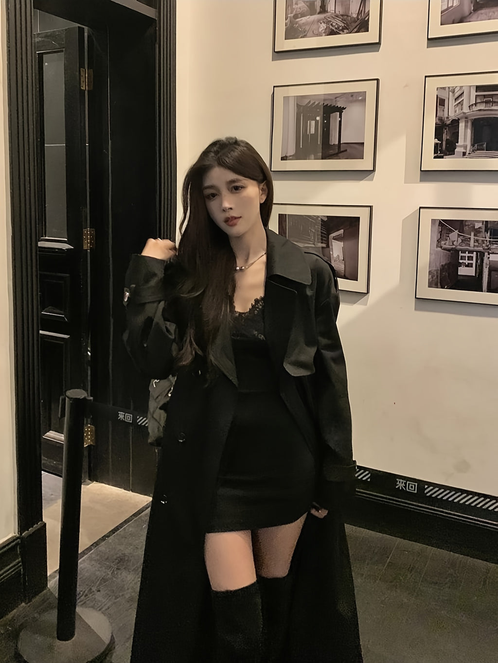 Women'S Elegant Black Lace-Up Fitted Long Coat Jacket - Chic Button-Front Closure, Non-Stretch Fabric, Loose Fit, Perfect for Fall\u002FWinter, Office, Party