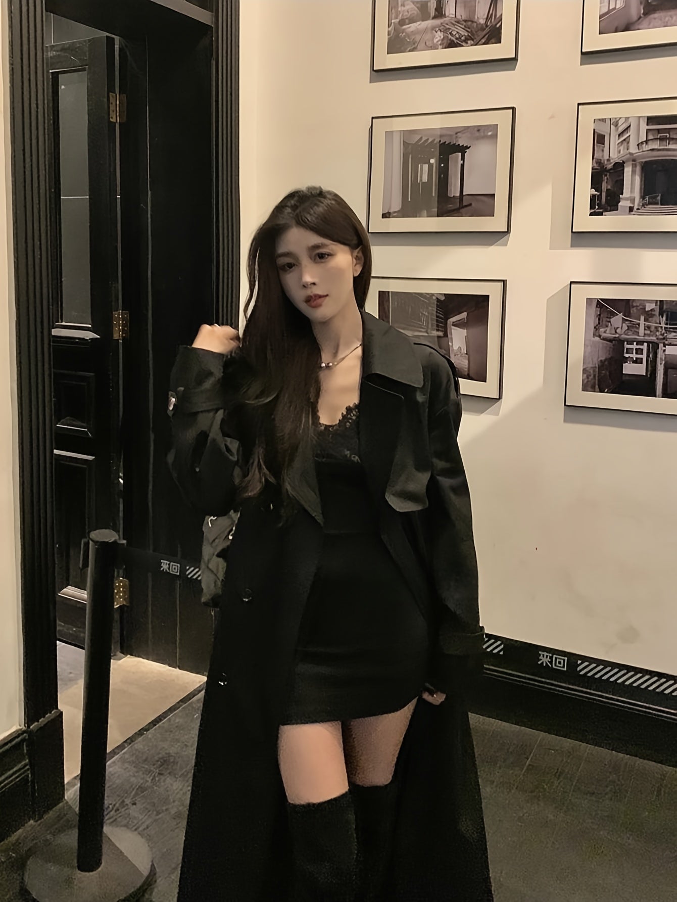 Women'S Elegant Black Lace-Up Fitted Long Coat Jacket - Chic Button-Front Closure, Non-Stretch Fabric, Loose Fit, Perfect for Fall\u002FWinter, Office, Party