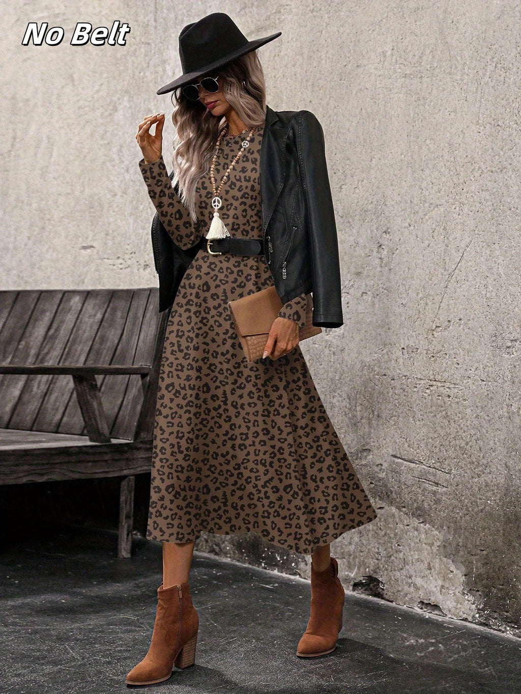 Women'S Elegant Leopard Print Maxi Dress - Long Sleeve A-Line Formal & Everyday Outfit, Flared Hem, Fall\u002FWinter Wardrobe Essential for Parties, Office