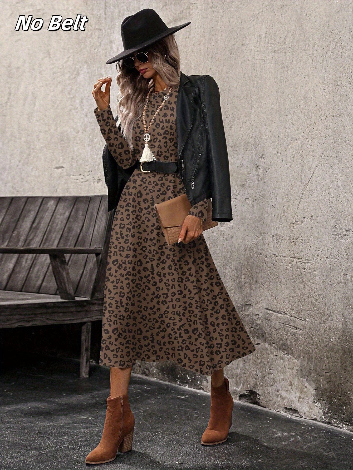 Women'S Elegant Leopard Print Maxi Dress - Long Sleeve A-Line Formal & Everyday Outfit, Flared Hem, Fall\u002FWinter Wardrobe Essential for Parties, Office