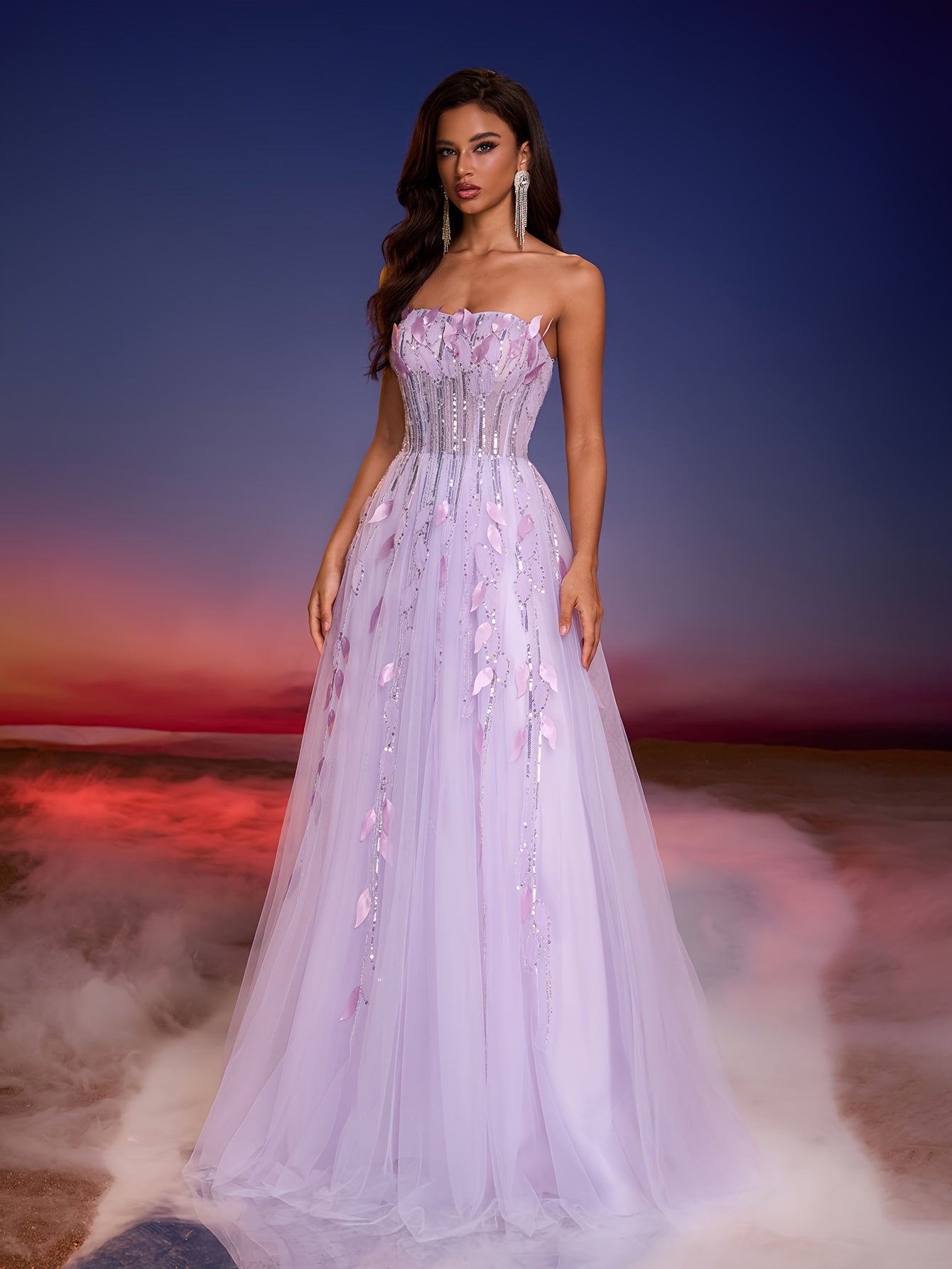 Elegant Off-Shoulder Gown with Handmade Leaf & Bead Embellishments, Flowing Tulle Skirt, Perfect for Formal Events, Banquets, and Balls, Formal Evening Wear | Offshoulder Design | Intricate Embellishments, Dress