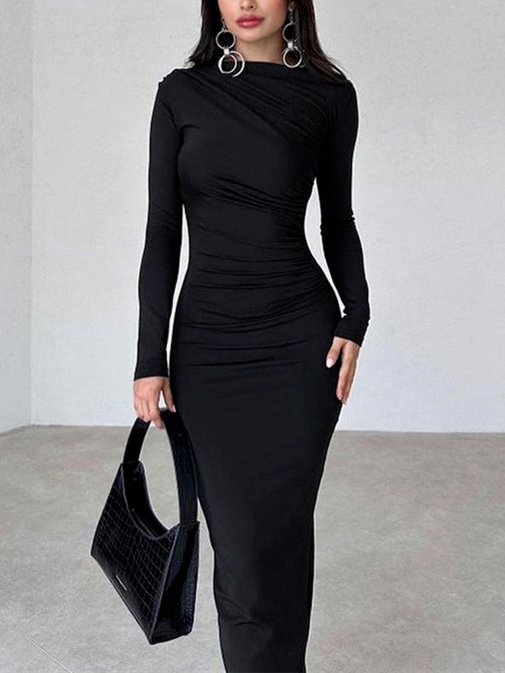 Women's Elegant Black Ruched Slim-Fit Dress - High Neck Long Sleeve A-Line Winter Dress with Short Hip Slit, Hand Washable Fall\u002FWinter Wedding Guest Dress, Office Party & Formal Attire (No- Round Neckline)