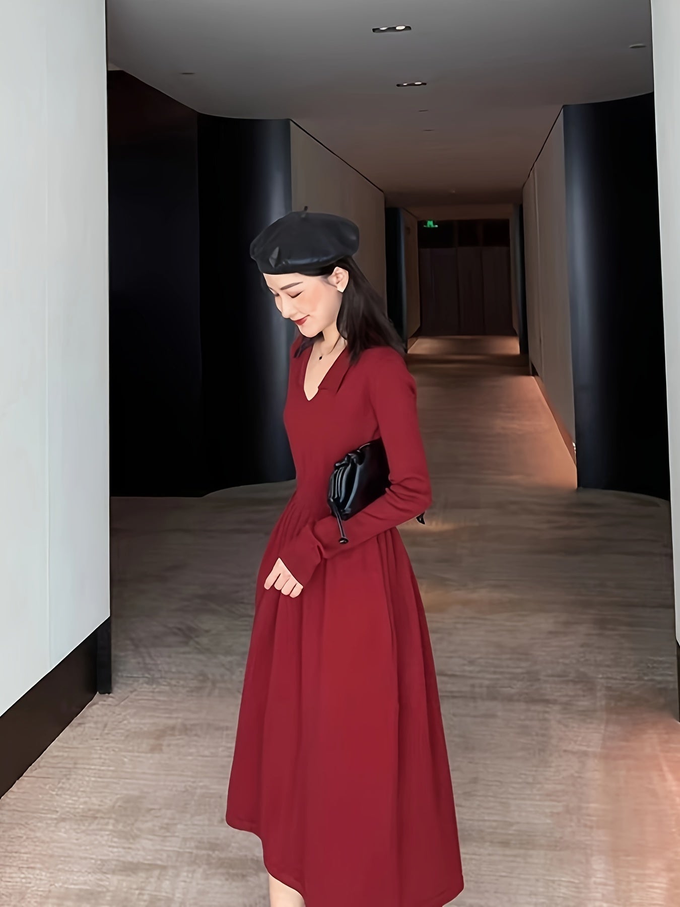 Elegant Red Dress - Long Sleeve, V-Neck, Ruched Waist, Black Beret | Polyester, Fall Winter Attire, Stylish Layering Piece