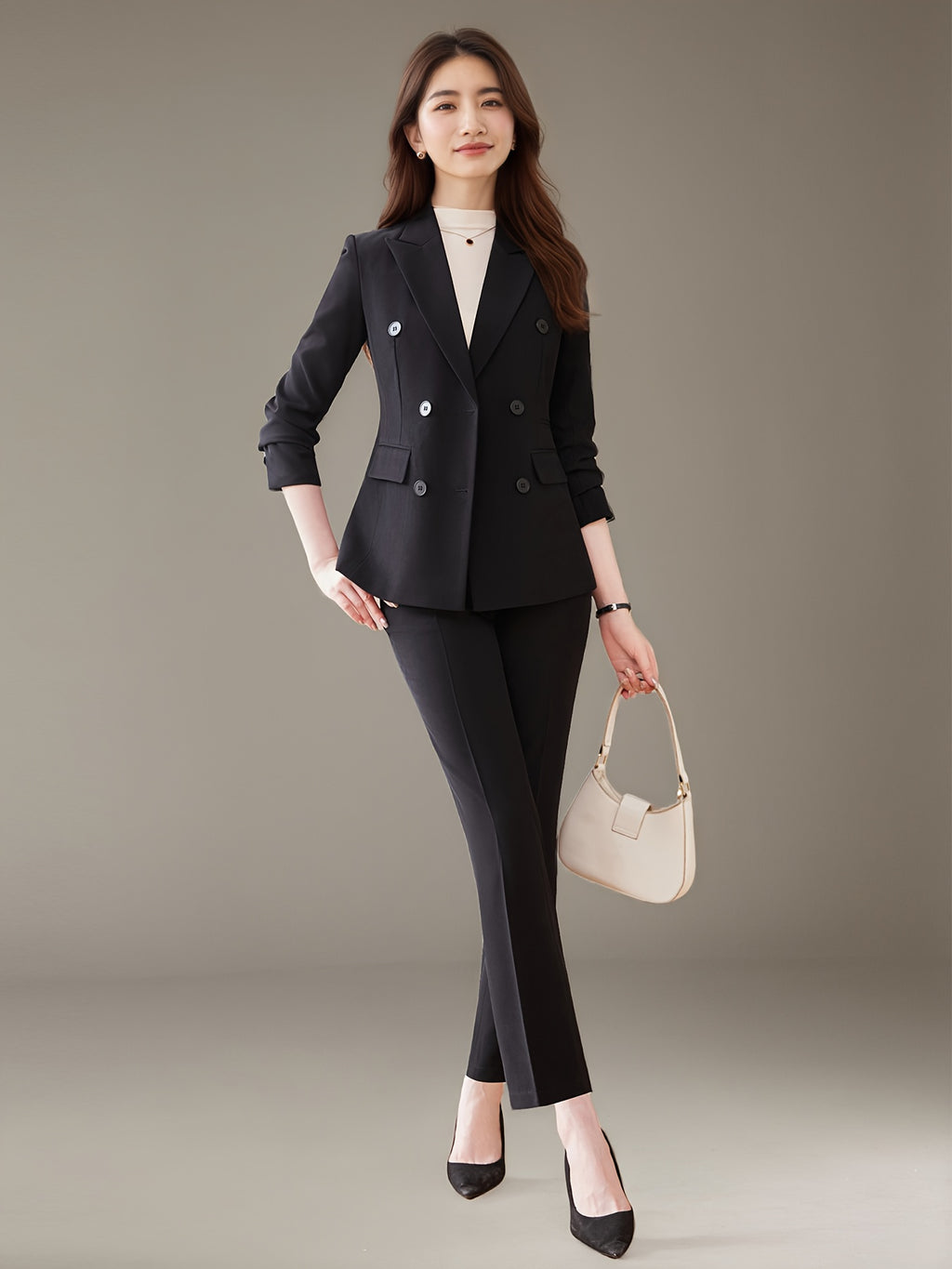Fashionable and Simple Commuter Women's Suit Set with Double-Breasted Elegant Slim-Fit High-End Suit Pants Two-Piece Set