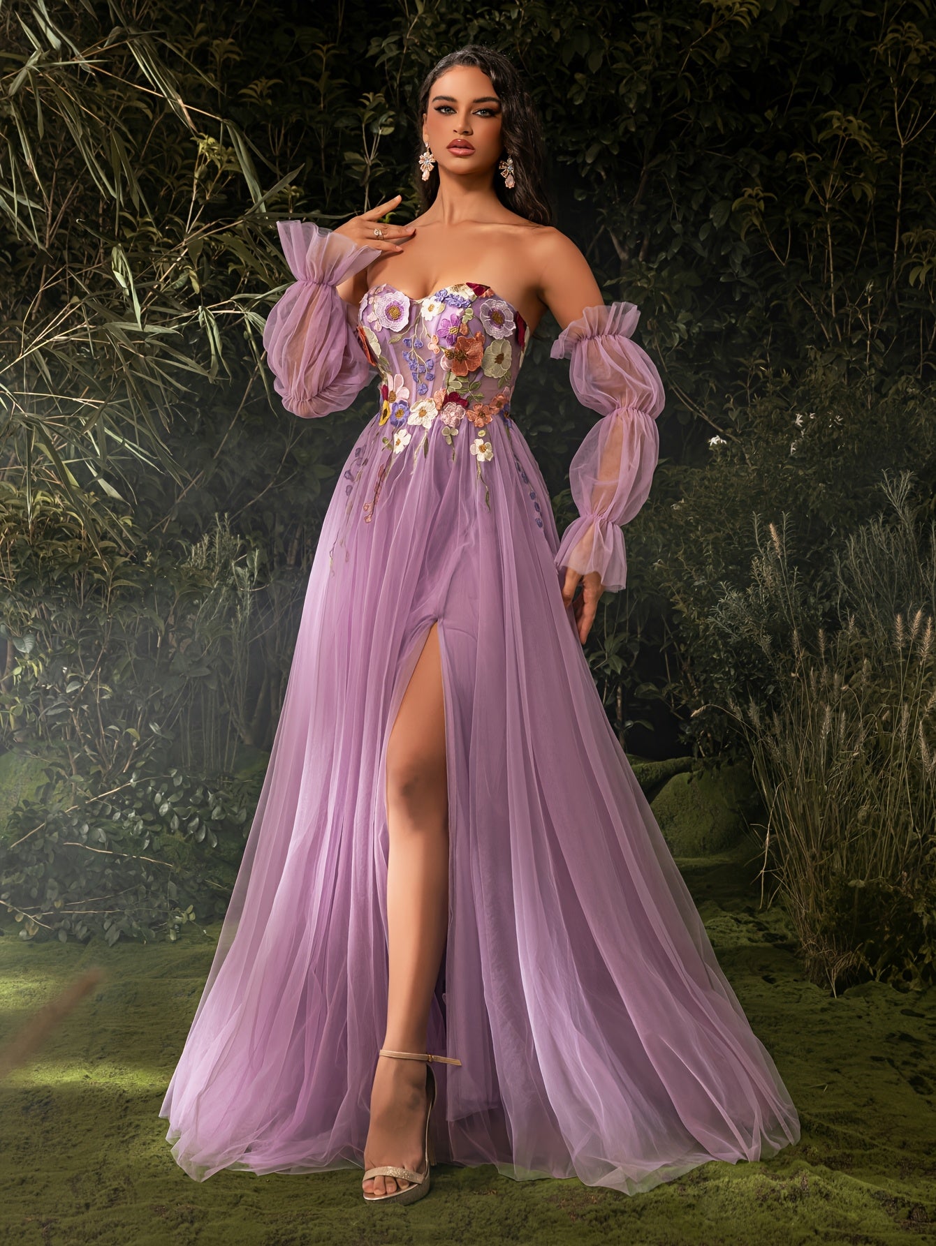 Elegant Off-Shoulder Corset Dress with Floral Embroidery & Tulle Skirt - Long Sleeve, High Slit, Floor-Length Evening Gown for Weddings, Parties, Formal Events, Wedding Guest Attire, Sophisticated Craftsmanship