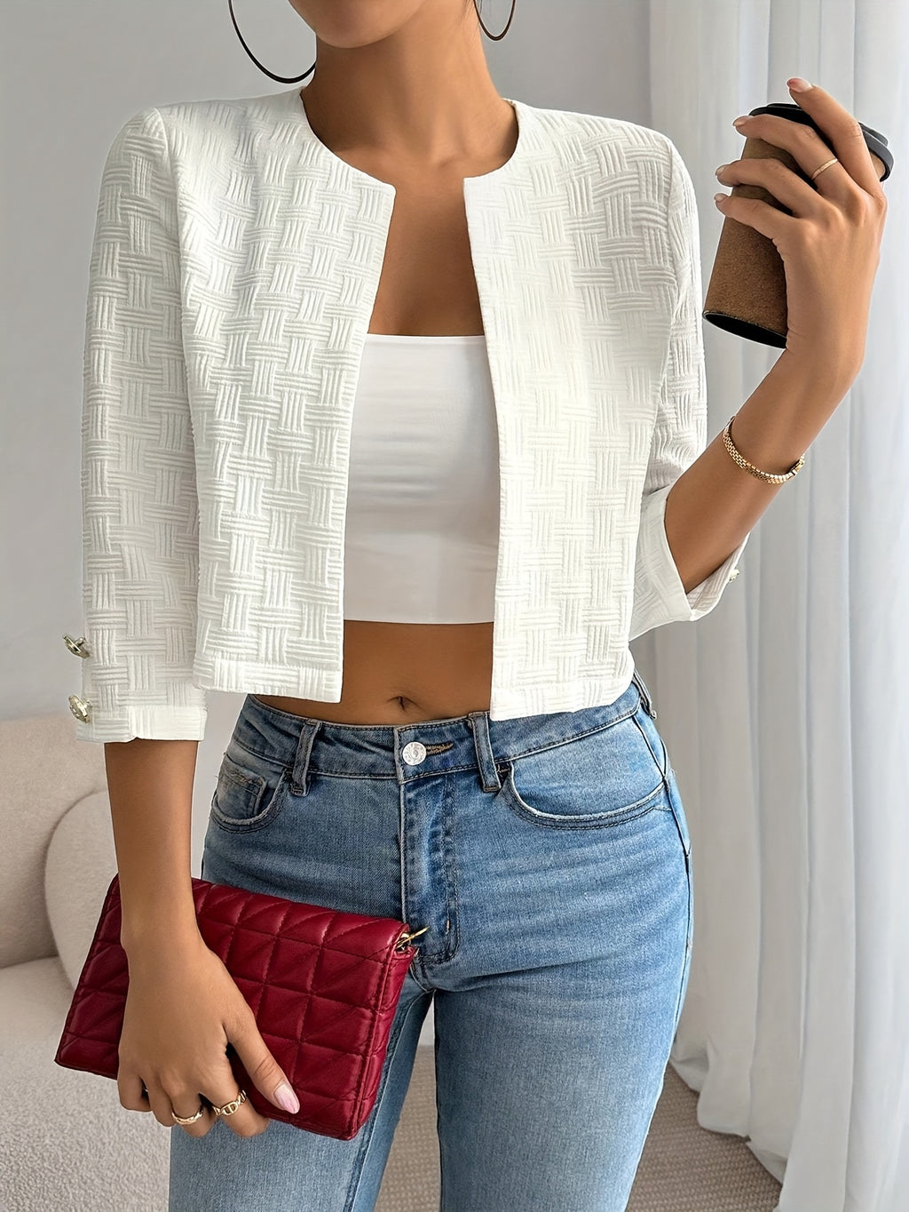 Women's Elegant Retro White Jacket - Casual Chic Cropped Three-Quarter Sleeve Open Front Blazer, Solid Color All-Season Versatile Outerwear, Stylish Layering, Sophisticated Tailoring