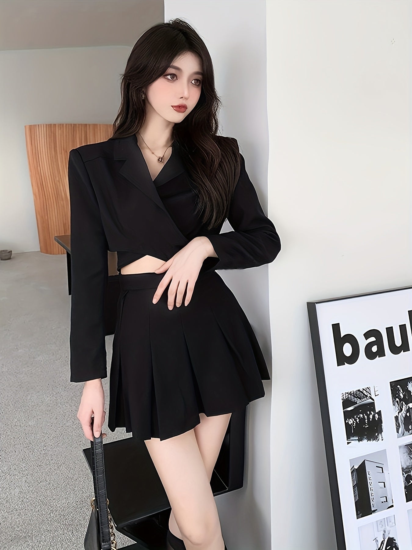 Women'S Elegant Black Long Sleeve Blazer & Pleated Skirt Set - V-Neck, Cropped Blazer with Cut-Out Detail, High-Waisted Skirt, Non-Stretch Fabric, Perfect for Spring\u002FFall, Office or Casual Wear, Versatile Fashion | Vneck Blazer | Nonstretch Fabric