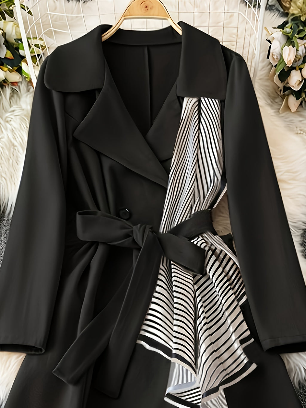 Elegant Black Double-Breasted Coat with White Piping & Bow Tie Belt - Full-Length Winter Jacket, Structured Collar, Machine Washable for, Weddings, Parties - Tailored Trench Coat