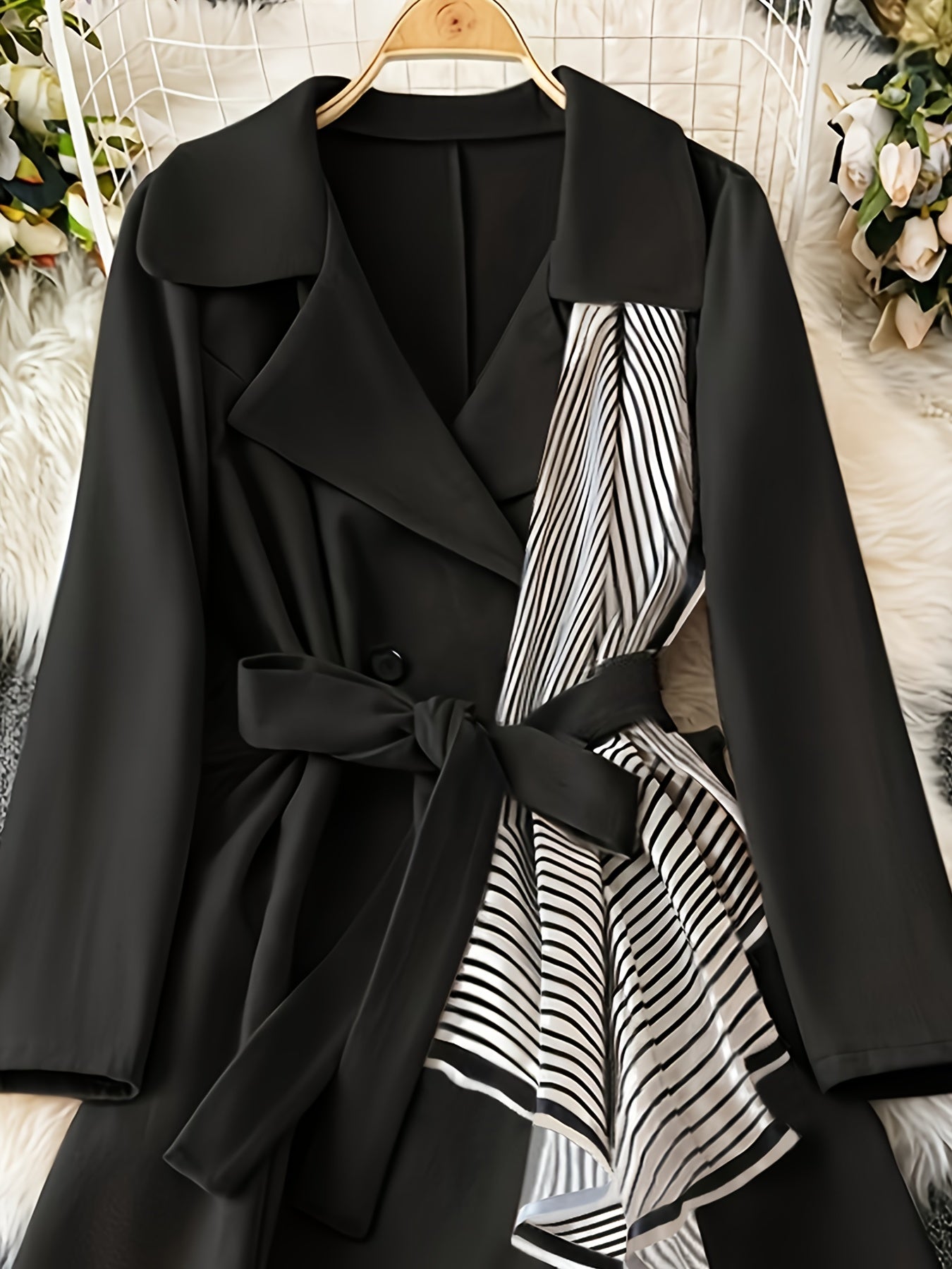 Elegant Black Double-Breasted Coat with White Piping & Bow Tie Belt - Full-Length Winter Jacket, Structured Collar, Machine Washable for, Weddings, Parties - Tailored Trench Coat