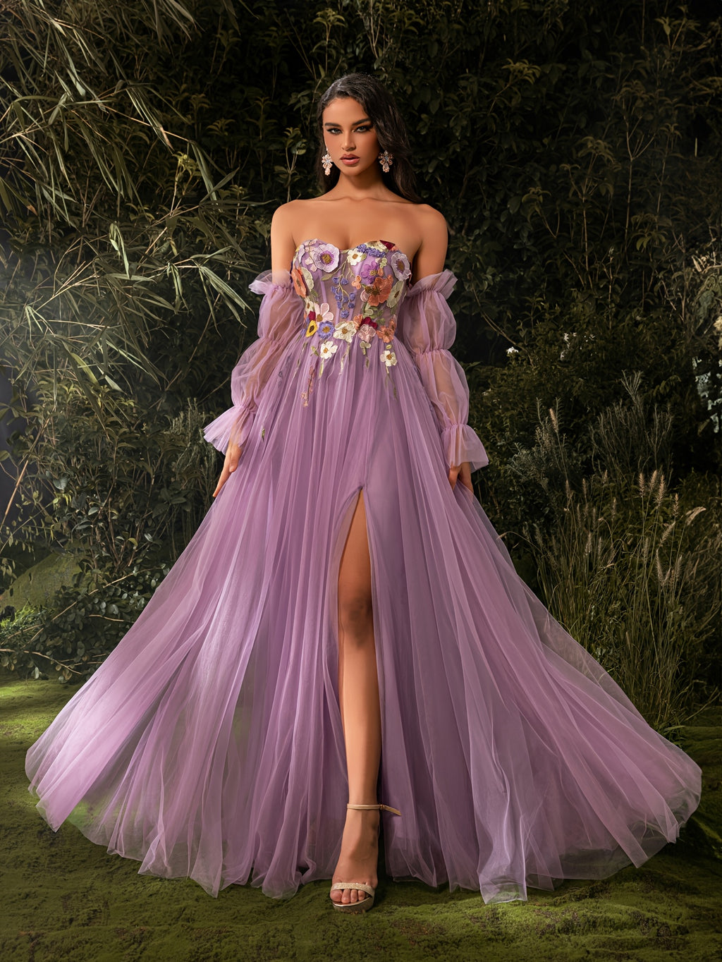 Elegant Off-Shoulder Corset Dress with Floral Embroidery & Tulle Skirt - Long Sleeve, High Slit, Floor-Length Evening Gown for Weddings, Parties, Formal Events, Wedding Guest Attire, Sophisticated Craftsmanship