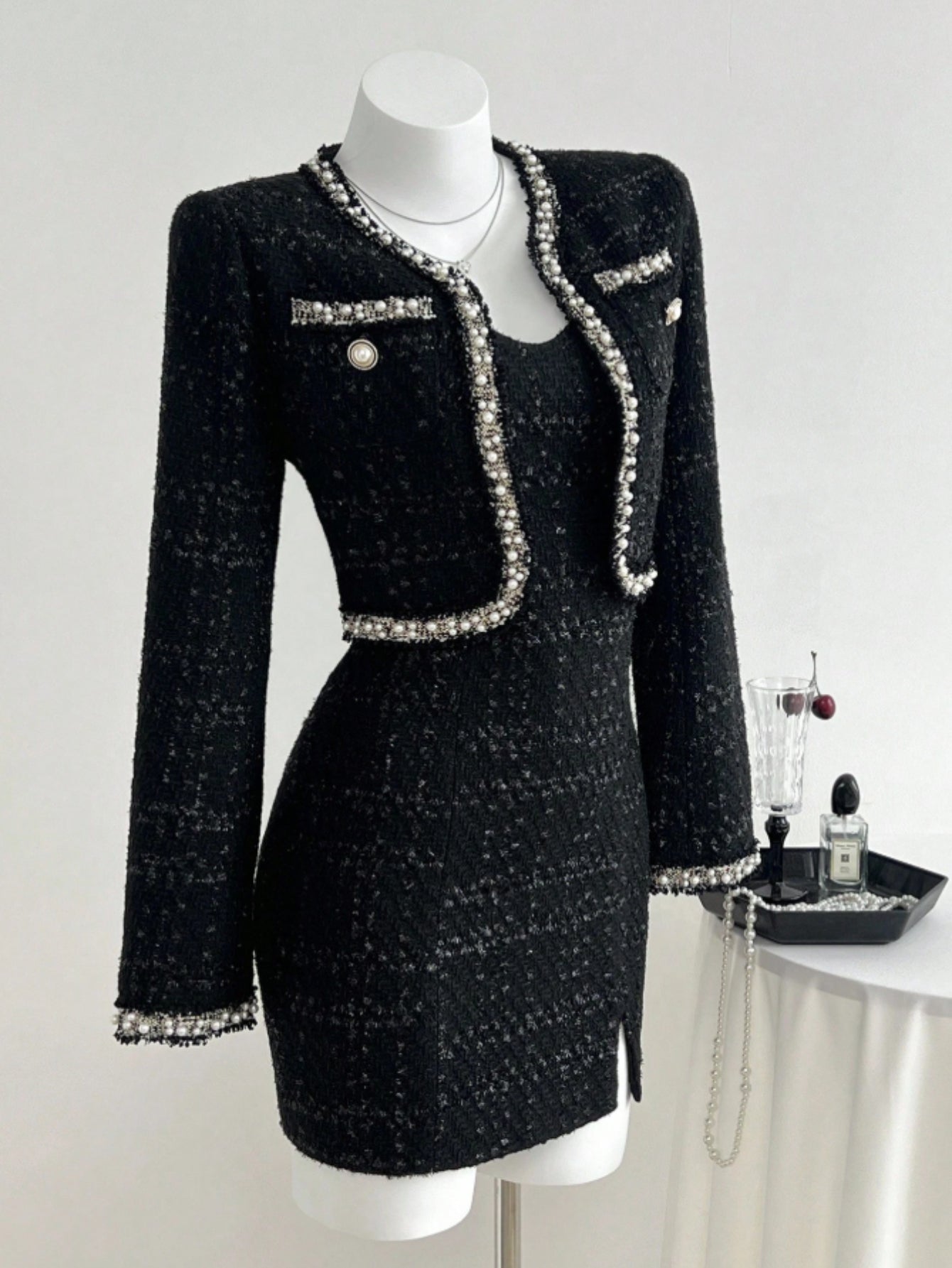 2pcs Women'S Vintage Glamorous Short Jacket & Camisole Bodycon Dress Set - Elegant V-Neck All-Over Print Outfit with Structured Waist, Fall\u002FWinter Party & Social Occasion Ensemble, Chic Two-Piece Suit for Evening Events, Durable & Comfortable Fabric