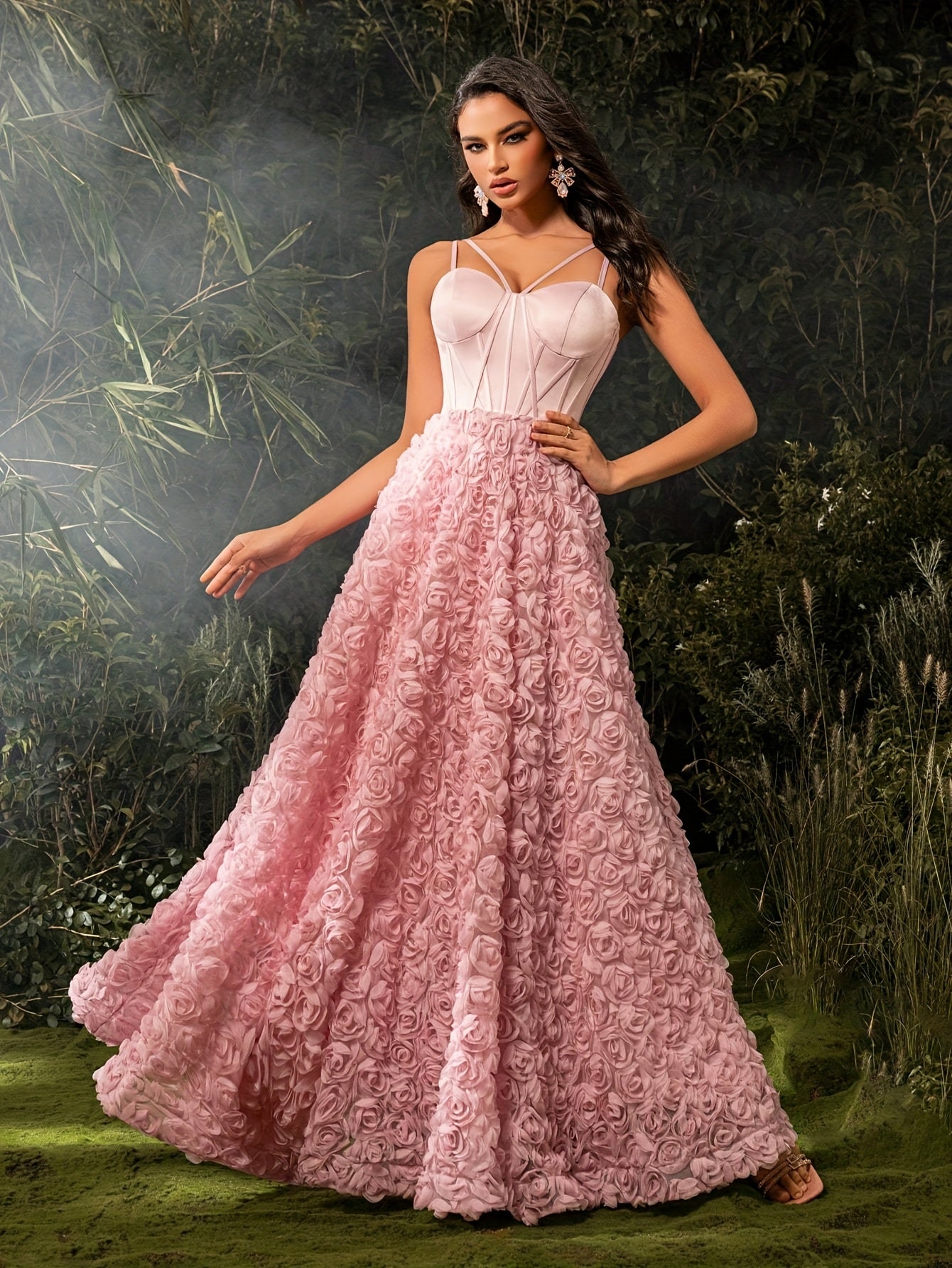 Elegant Off-Shoulder Floral Maxi Dress with Fishbone Waist Detail - Pink Rose Design, Sleeveless, Floor-Length, Perfect for Weddings & Formal Events, Wedding Guest Attire | Floral Print Dress | Polyester Fabric