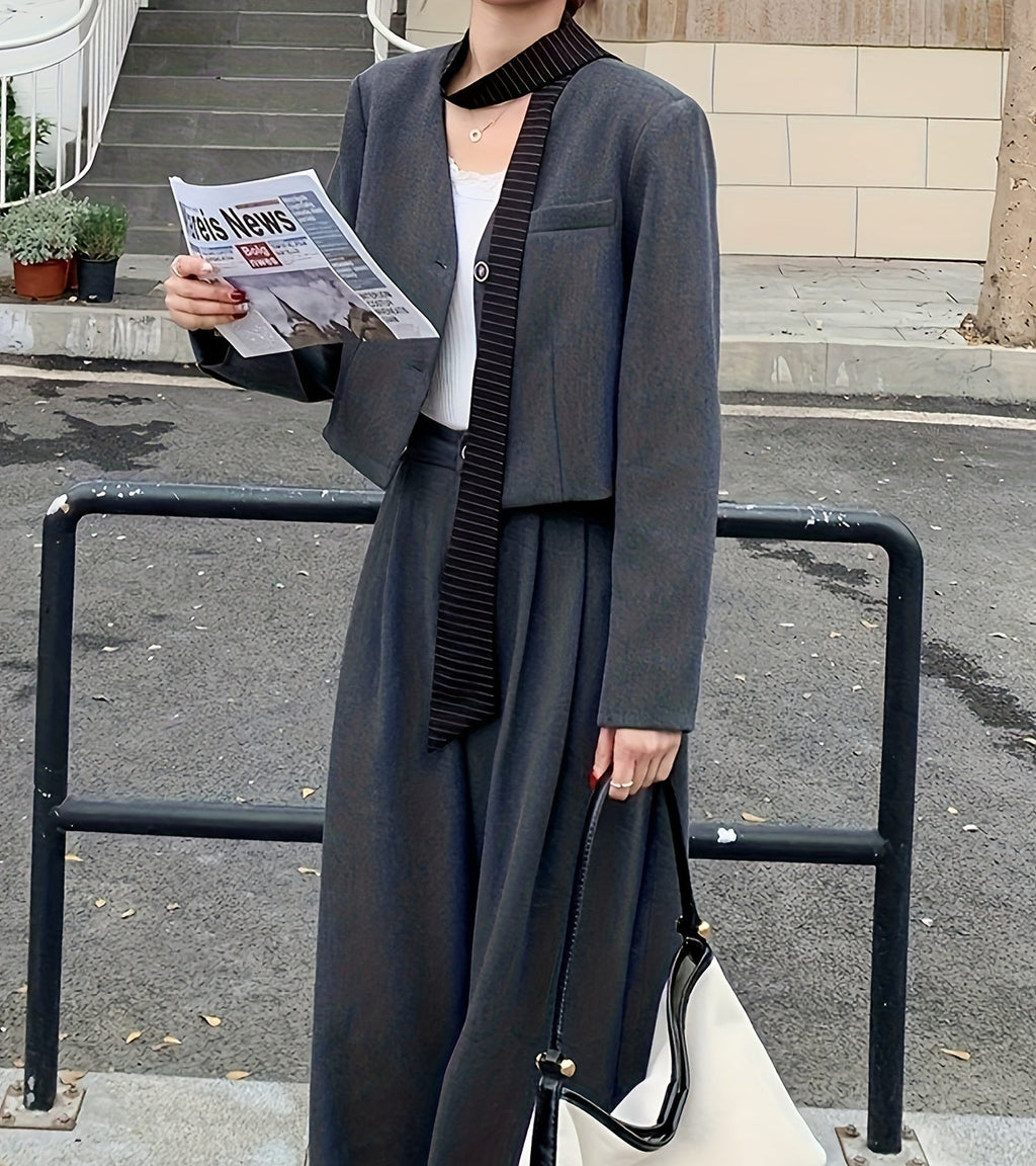 Women'S Two-Piece Autumn\Winter Elegant Commuter Suit Set - High-Waisted Wide-Leg Pants, No-Collar Short Jacket, Solid Color, Casual Style, Perfect for Fall\u002FWinter, Casual Attire|Elegant Commuter Suit|Wideleg Pants, Ladies Pantsuit