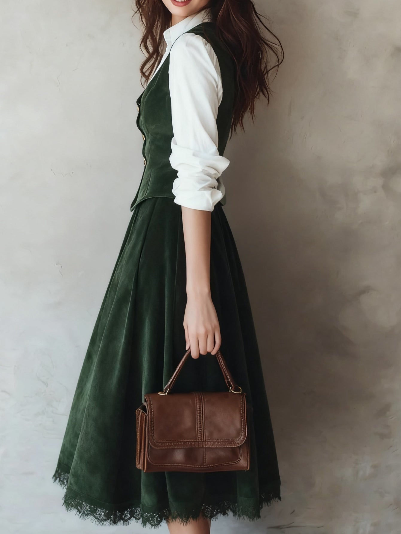 2pcs Women's Dark Green Velvet-Like Vest & Lace-Hem Midi Skirt Set - Vintage Elegant Collar Jacket & Full Skirt Outfit for Fall\u002FWinter, Hand Washable Formal & Professional Wear, Wedding Guest or Office Attire