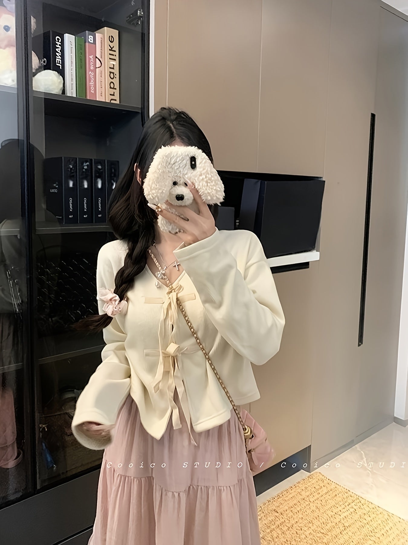 Women'S Casual Sweet Style Beige Cardigan with Bow Tie Detail - V-Neck, Long Sleeve, Button-Up Front, Ruffled Hem, Perfect for Spring & Fall, Casual Wear Cardigan | Vneck Cardigan | Construction