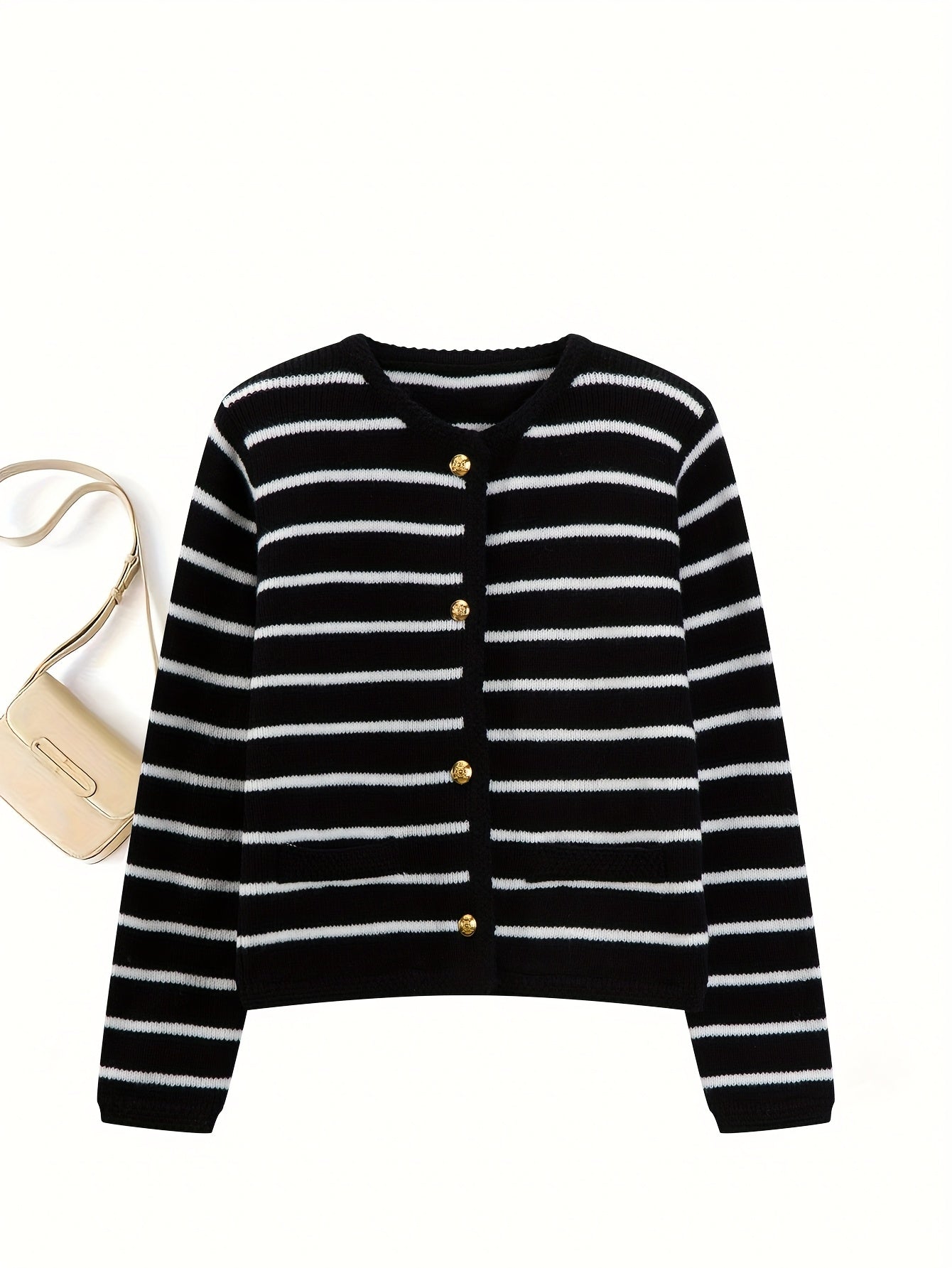 Elegant Women'S Long Sleeve Cardigan - Chic Striped Design with Button Details, Soft Fabric, Round Neck, Perfect for Fall & Winter Commute or Casual Style