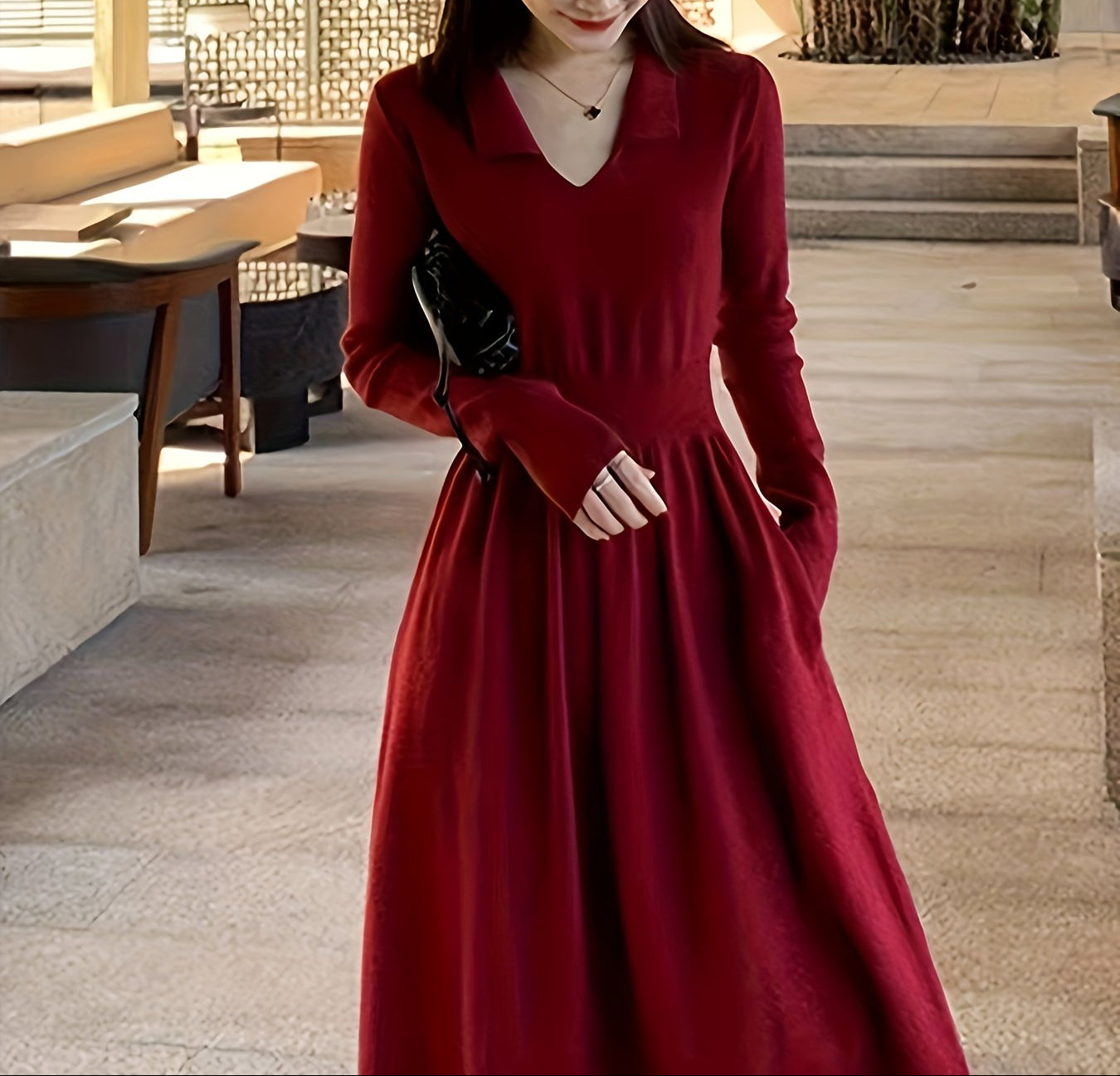 Elegant Red Dress - Long Sleeve, V-Neck, Ruched Waist, Black Beret | Polyester, Fall Winter Attire, Stylish Layering Piece