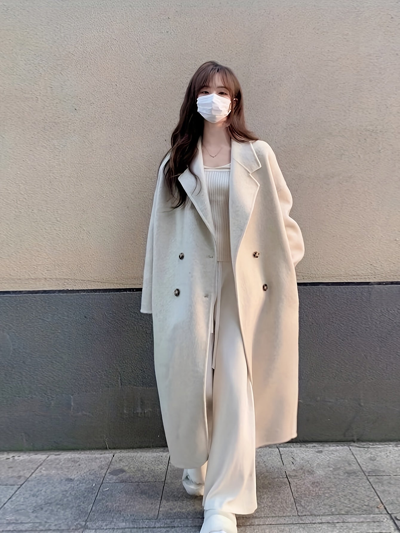 Women's Elegant Thickened Tweed Coat Double-Breasted Button Front Long Loose Fit Winter Jacket - \u002FBeige for petite, Smart Casual Outerwear (Hand Washable) Spring\u002FAutumn Clothing