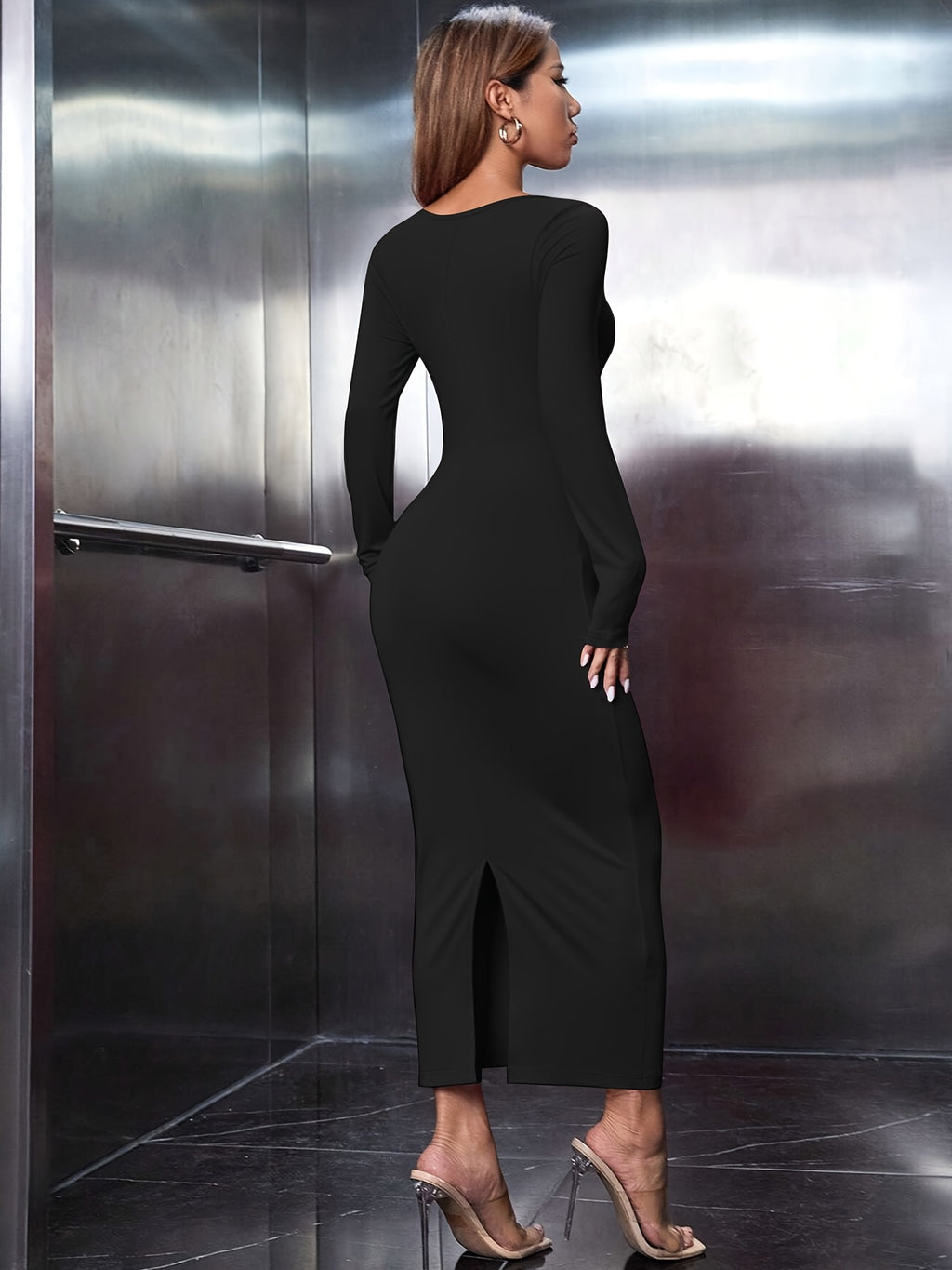 Elegant Long-Sleeve Black Fitted Dress with Ruched Detail and Slit - Stylish Pencil Skirt for Women, All-Season Wear, Elegant Attire|Ruched Detail Dress|Sleek Fit