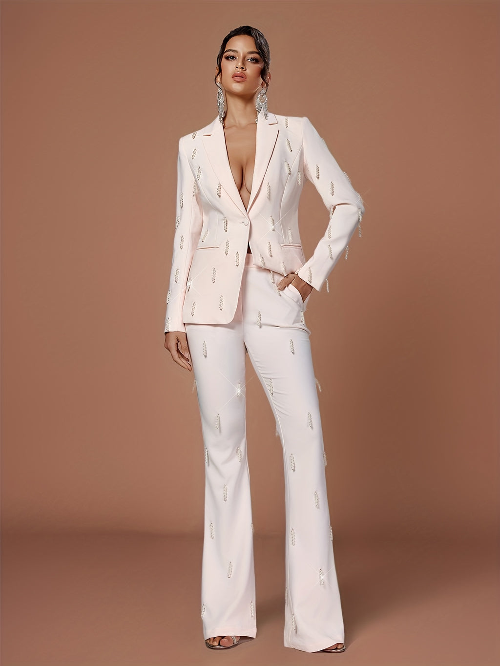 Elegant Beaded Blazer & Pants Set - Chic White Double-Breasted Suit with Lapel Collar, Long Sleeves, and Side Pockets for Women, Perfect for Casual or Formal Occasions, Casual Attire|Sophisticated Style|Beaded Detailing
