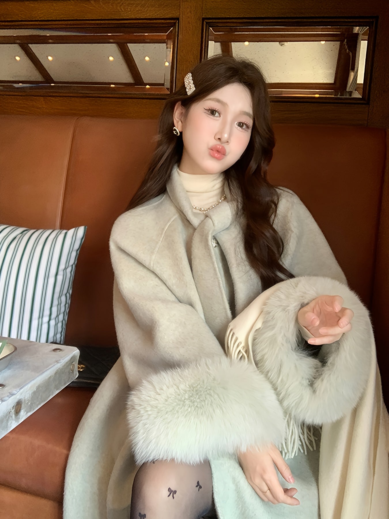 Women's Elegant Tweed Coat with Collar & Cuff - Winter-Ready Mid-Length Jacket, Structured Houndstooth-Like Pattern (No Chest Padding), Hand Wash\u002FDry Clean - Grey\u002FBrown British-Inspired Outerwear for & Formal Events