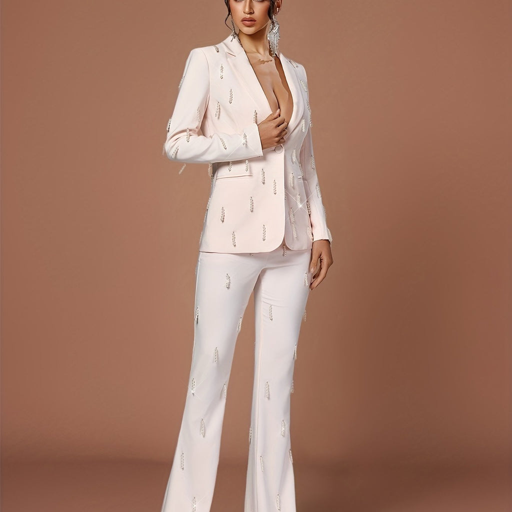 Elegant Beaded Blazer & Pants Set - Chic White Double-Breasted Suit with Lapel Collar, Long Sleeves, and Side Pockets for Women, Perfect for Casual or Formal Occasions, Casual Attire|Sophisticated Style|Beaded Detailing