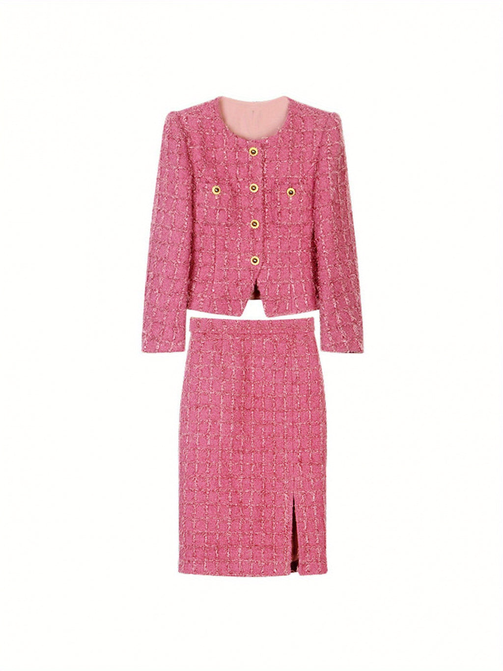 Spring and Autumn DirectionNew Set Sakura Pink Tweed Long Sleeve Plaid Jacket+ Skirt Two-piece Set Set 28613