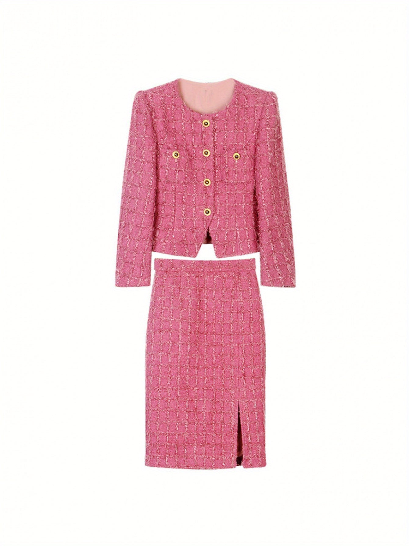 Spring and Autumn DirectionNew Set Sakura Pink Tweed Long Sleeve Plaid Jacket+ Skirt Two-piece Set Set 28613