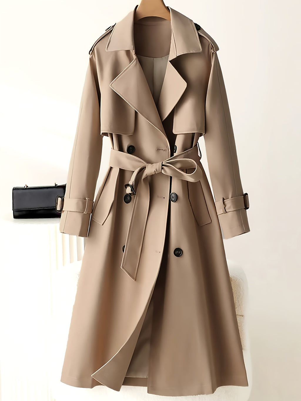 Women's Elegant Beige Trench Coat - Heavy-Duty Winter Jacket with Collar & Belted Waist, Structured Fit, Golden-Tone Button Closure, Machine Washable Classic Outerwear for, Casual & Formal Events (No Stretch)