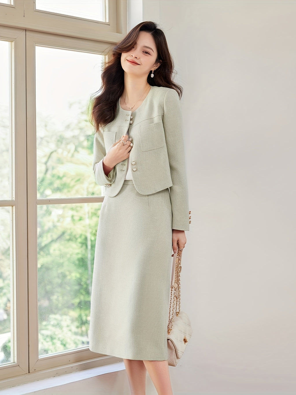 French elegant small fragrance commuting set for women in spring and autumn commuting fashion, versatile Korean A-line skirt two-piece set for women