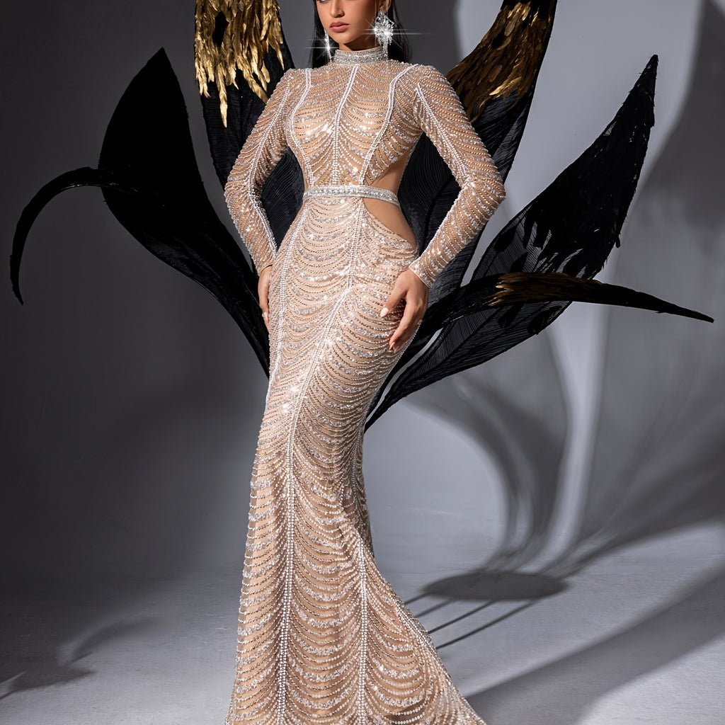 Elegant Women'S Mermaid Tail Evening Gown - High-End Bodycon Dress with Golden Embellishments, Long Sleeve, Round Neck, Perfect for Formal Events and Parties, Party Dress | Round Neckline | Golden Embellishments, Mermaid Dress