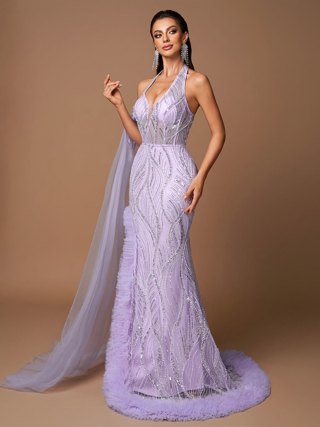 Elegant Lavender Halter Neck Evening Gown for Women | Deep V-Neck with Sequin Detail | Ruffled Lace-Up Bodice & High-Low Hem | Sheer Mesh Sleeves | Perfect for Formal Events
