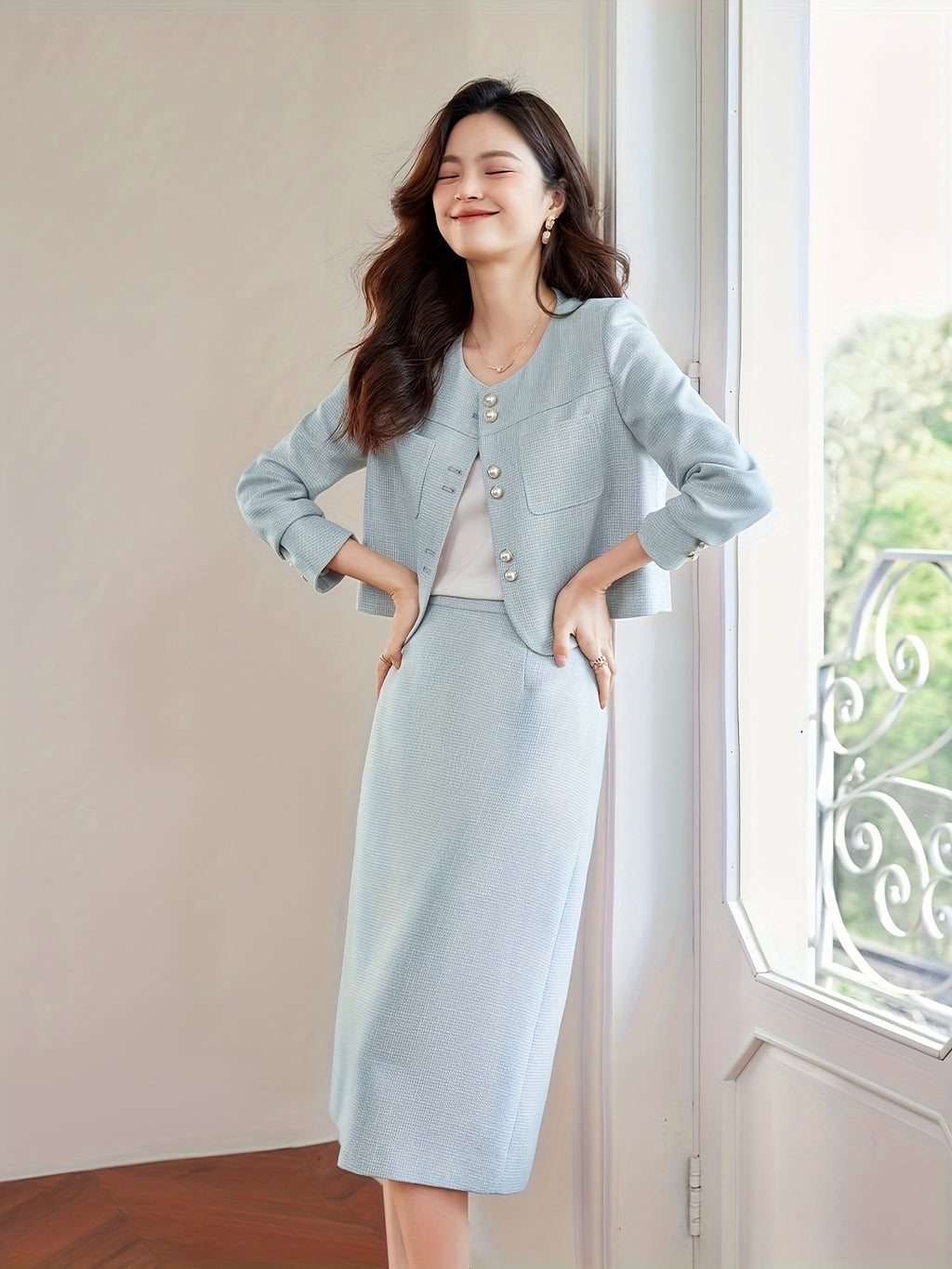 French elegant small fragrance commuting set for women in spring and autumn commuting fashion, versatile Korean A-line skirt two-piece set for women