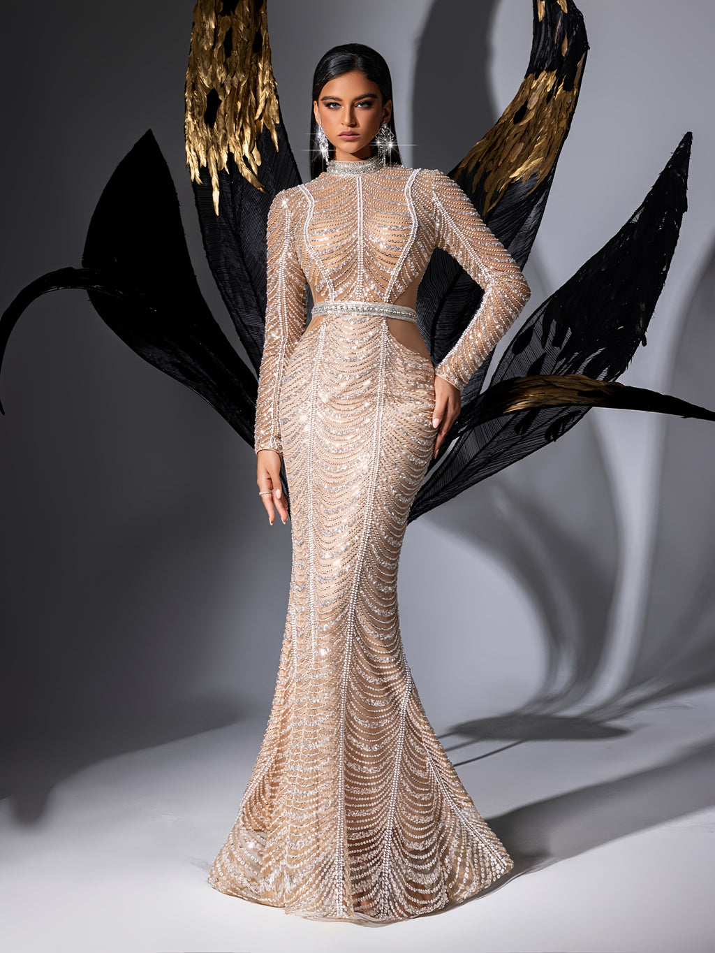 Elegant Women'S Mermaid Tail Evening Gown - High-End Bodycon Dress with Golden Embellishments, Long Sleeve, Round Neck, Perfect for Formal Events and Parties, Party Dress | Round Neckline | Golden Embellishments, Mermaid Dress